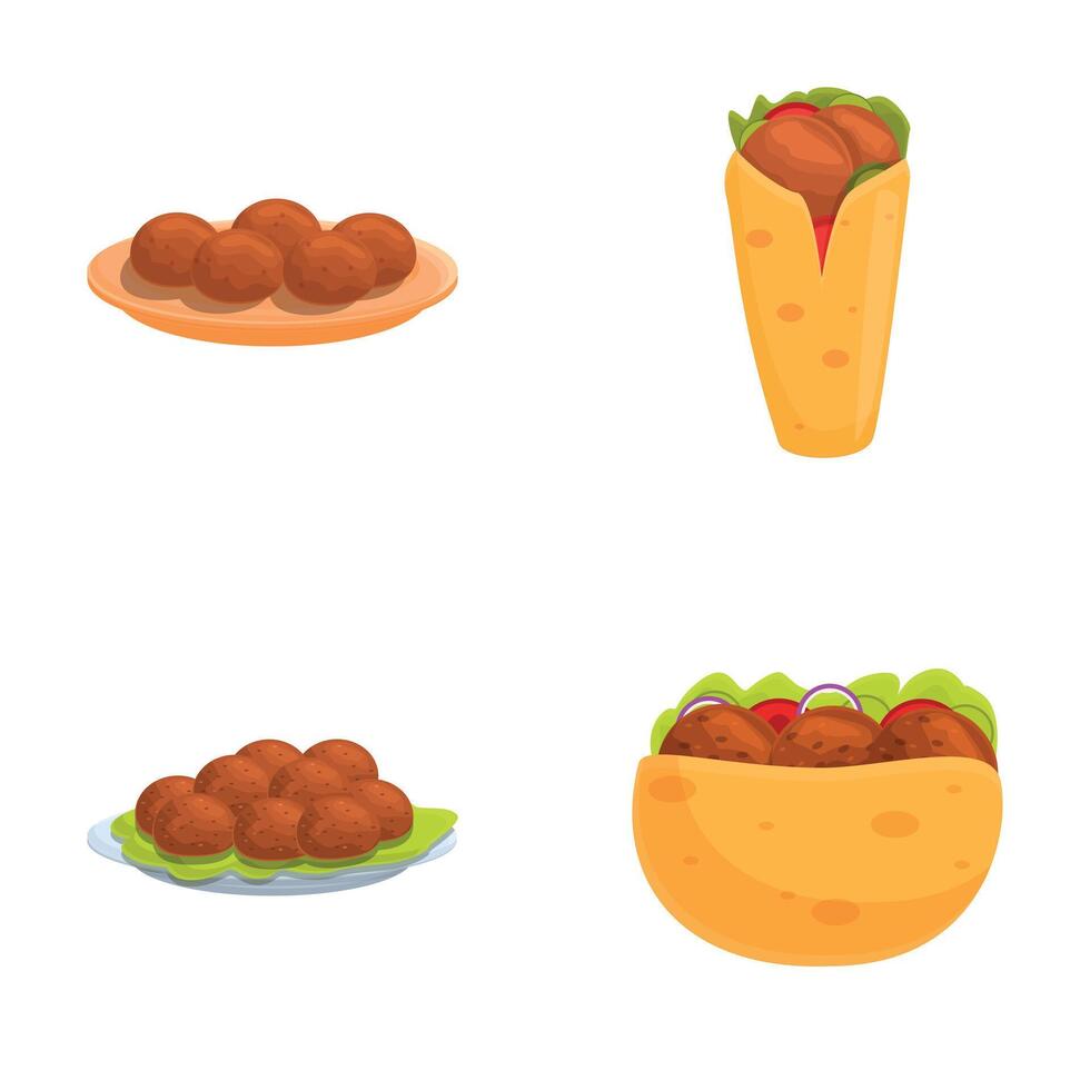 falafel ikoner uppsättning tecknad serie vektor. färsk falafel full av kött och färsk vegetabiliska vektor
