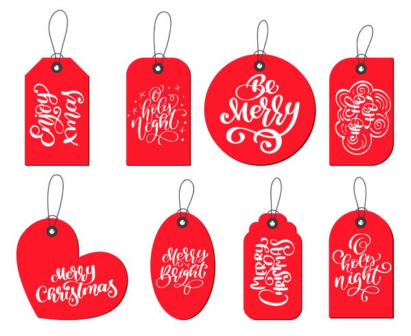 Vektor-rote Etiketten-Tags-Sammlung mit Kalligraphie-Schriftzug-Zitate Genießen Sie Weihnachten, seien Sie fröhlich, O-Holly-Nacht, Merry Bright, Frohe Weihnachten, Ho-ho-ho vektor