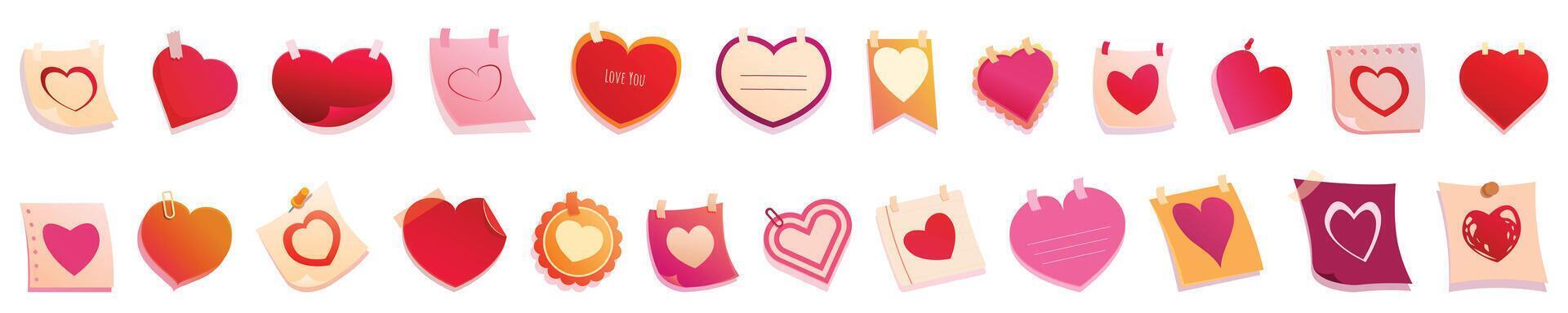 PM valentine ikoner uppsättning tecknad serie vektor. papper form klibbig vektor