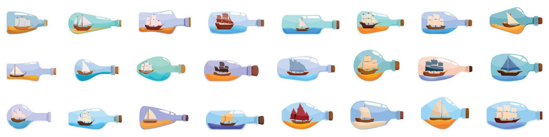 segelbåtar flaskor ikoner uppsättning tecknad serie vektor. fartyg resa vektor