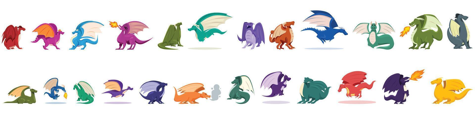 flygande fantasi drake ikoner uppsättning tecknad serie vektor. djur- vingar vektor