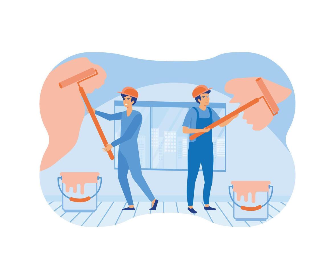 Zuhause Renovierung mit Farbe Maler Job Auftragnehmer Arbeiter tun Innen- Wartung. eben Vektor modern Illustration