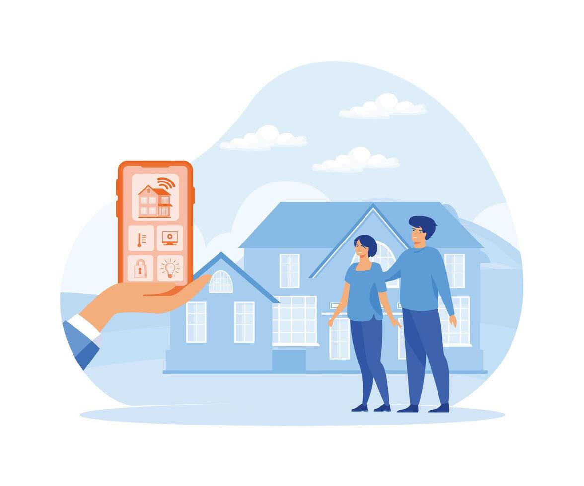 smart Hem app med kontrollera systemet, eco hus på de bakgrund och familj poserar, teknologi och livsstil begrepp. platt vektor modern illustration
