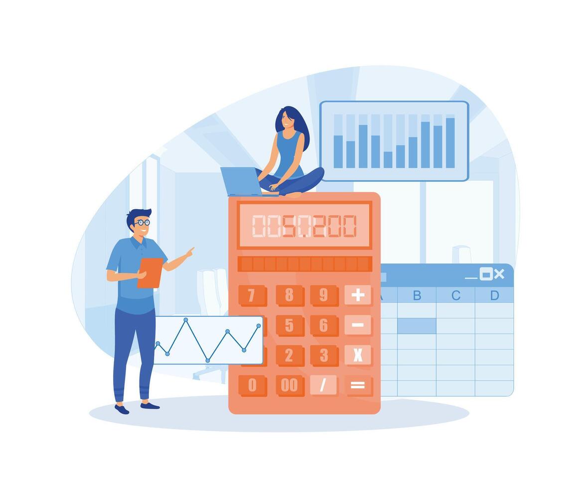 programvara för bokföring med ark, formel, miniräknare. göra balans ark lättare med programvara. organisering bokföring, finansiell, bank data i mapp. platt vektor modern illustration