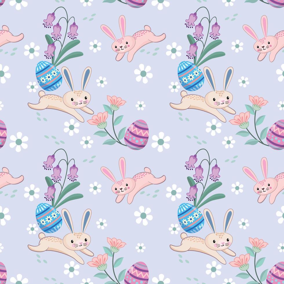 kanin med påsk ägg och blommor sömlös mönster vektor