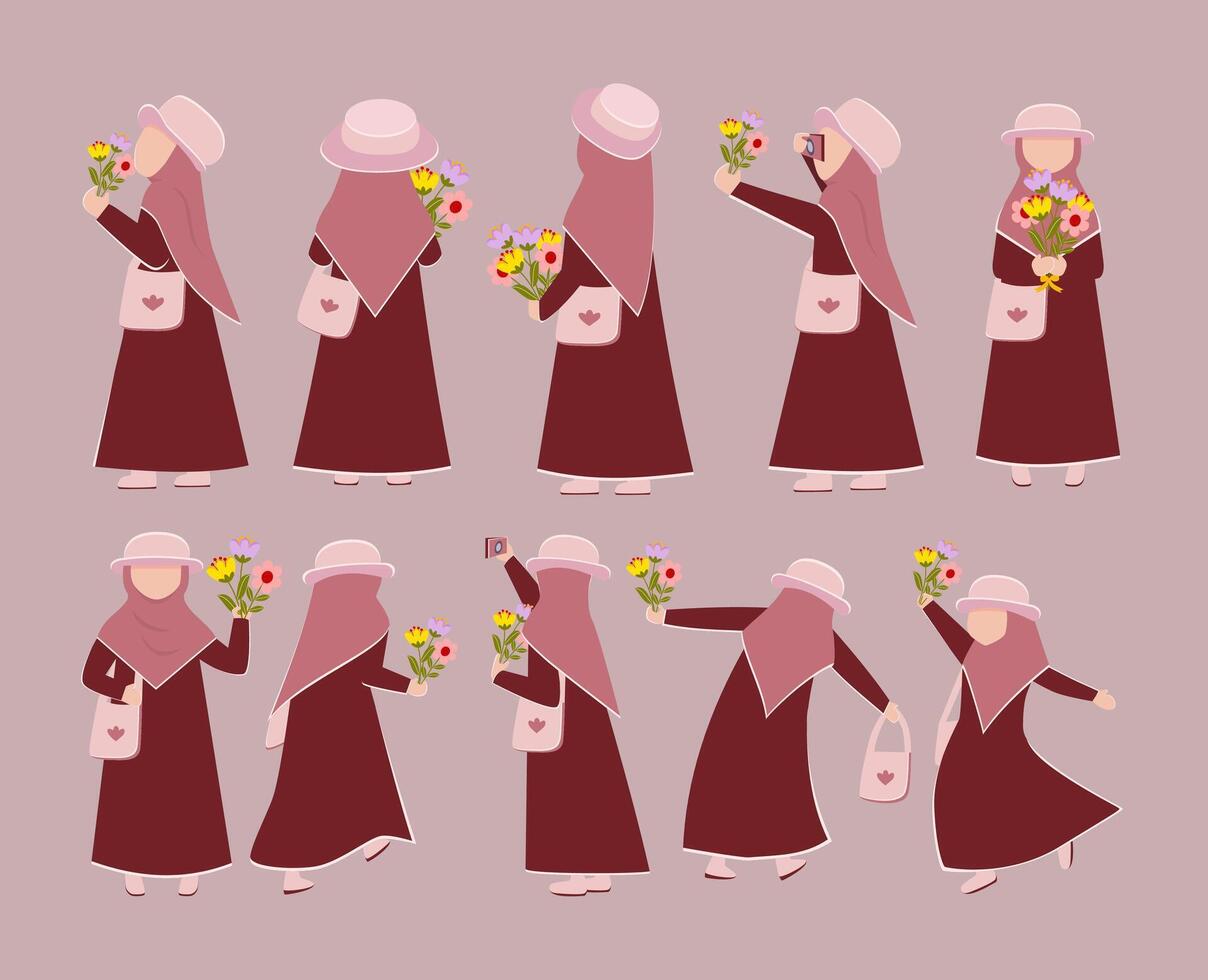 Vektor Illustration einstellen von glücklich Muslim Mädchen halten Blumen im mehrere Variationen von Posen. Hobby und Freizeit Konzept.