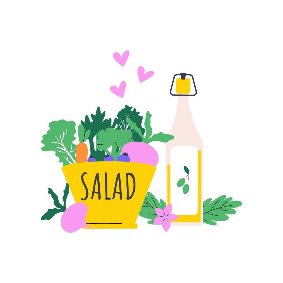 illustration av sallad skål med grön grönsaker, morot, rödbeta, oliv olja flaska. kärlek varelse friska vektor begrepp.