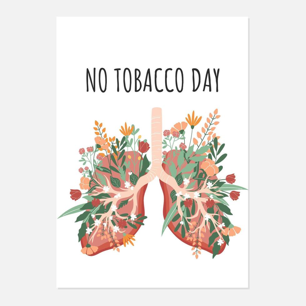 Nein Tabak Tag handgemalt Poster. bunt Illustration von Mensch Lunge voll von Blumen und Blätter. vektor
