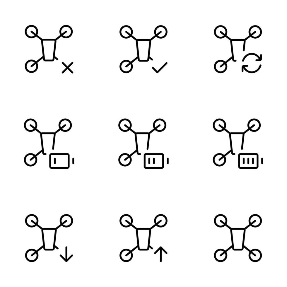 Quadcopter und fliegend Drohne Symbole im dünn Linie Stil vektor