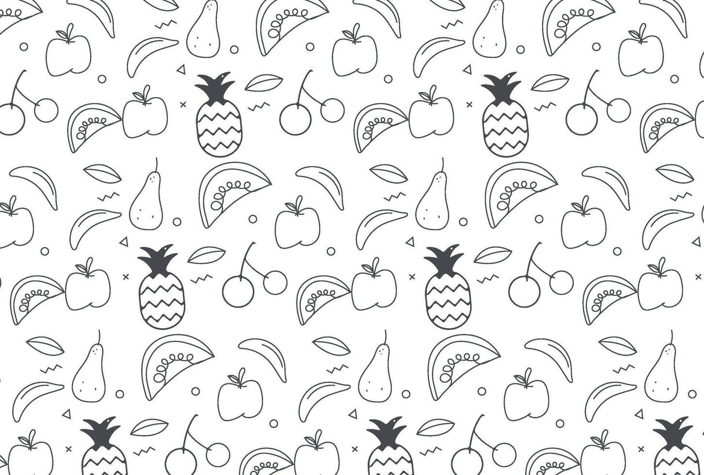 frukt och bär bakgrund, abstrakt mat sömlös mönster. färsk frukt tapet med äpple, banan, jordgubbe, vattenmelon, linje ikoner vektor