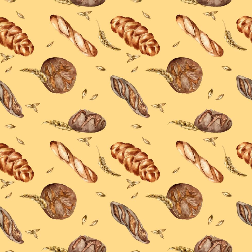 mängd bröd vattenfärg sömlös mönster isolerat på beige. hand dragen råg bröd, limpa för bageri. målad råg av vete. illustration av baguette. element för design bageri, paket, handel vektor