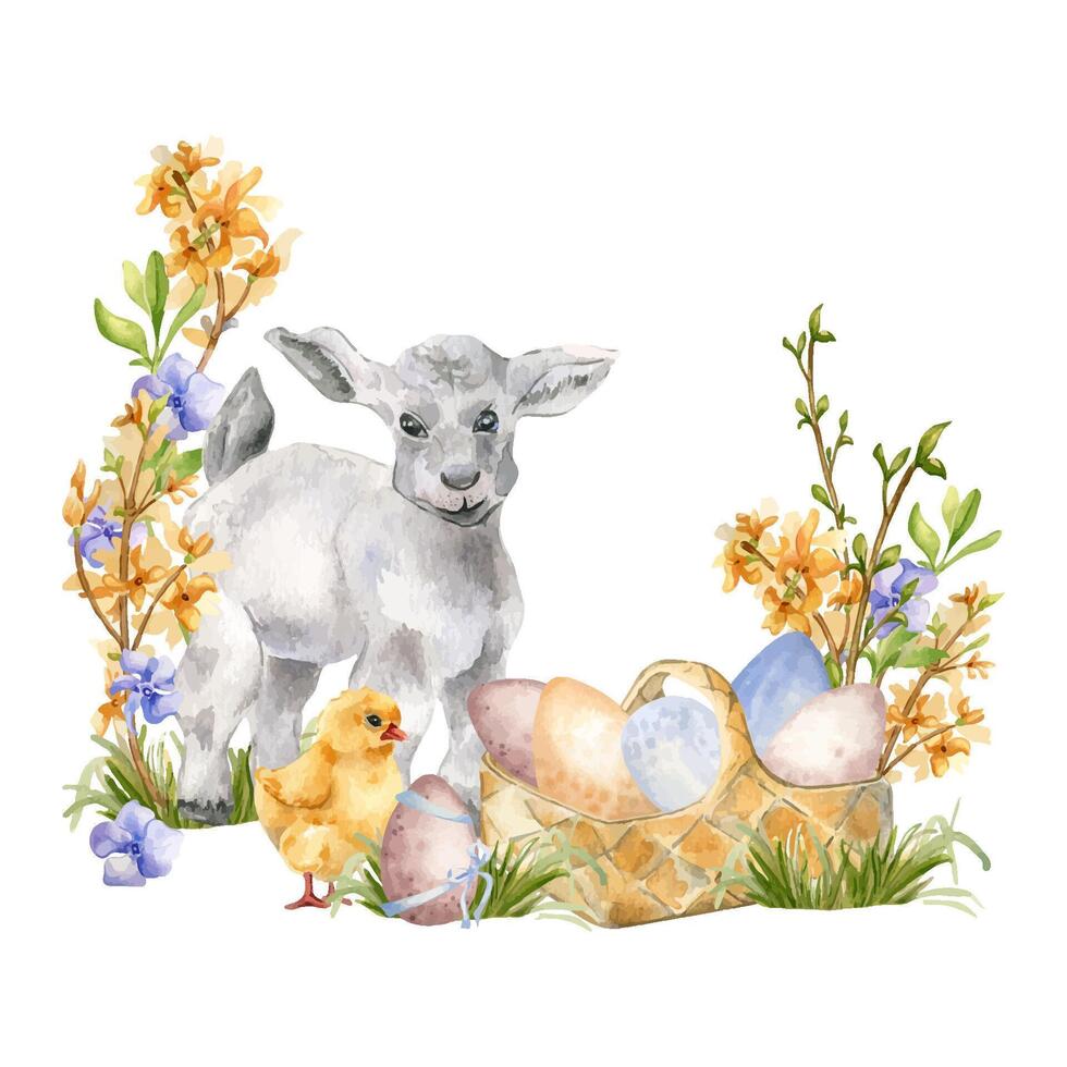 påsk blommig vattenfärg illustration med husdjur och ägg i korg isolerat på vit. bruka landskap med vår gul och blå blommor hand målad för påsk design i neutral Färg. lantlig se. vektor