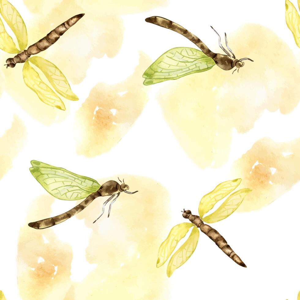 Libellen auf Aquarell Hintergrund nahtlos Muster isoliert auf Weiß. fliegend Insekten Illustration Hand gezeichnet. bunt skizzieren Fehler mit transparent Flügel. Design zum Textil, Geschirr, Verpackung vektor