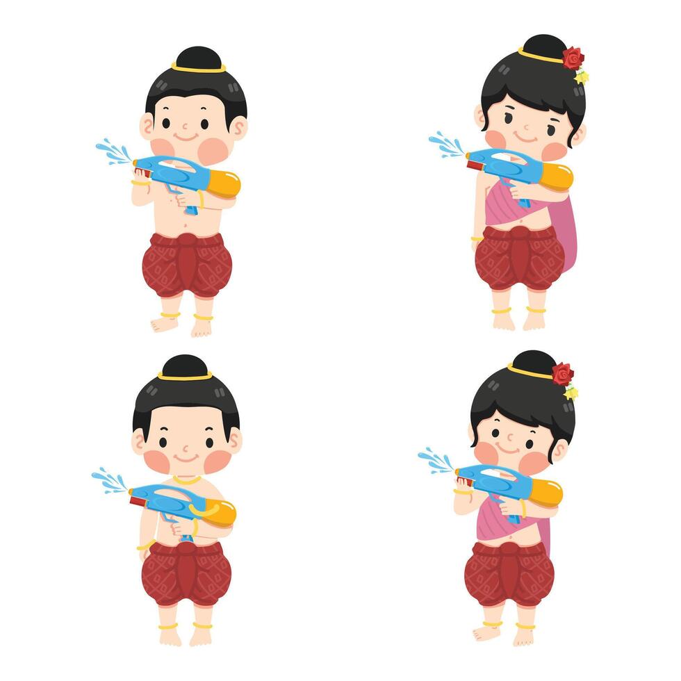 barn innehav vatten pistol och leende i thai traditionell klänning uppsättning vektor