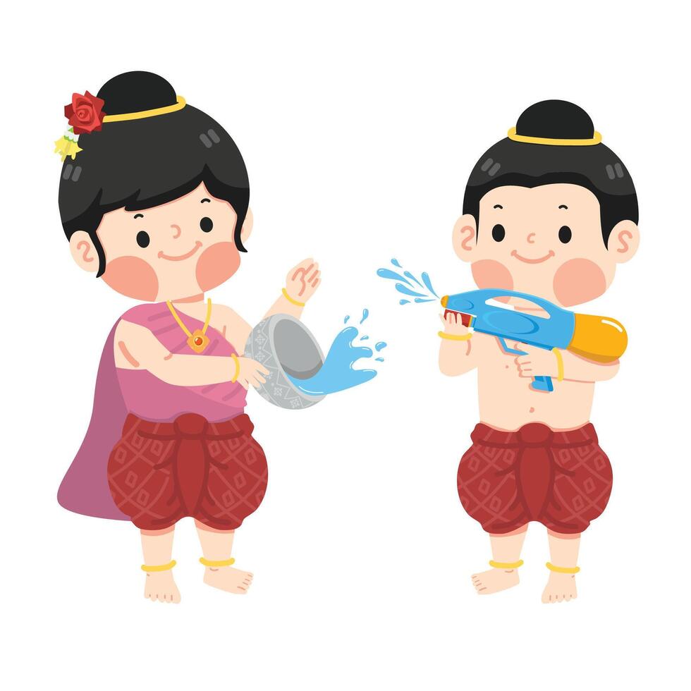 pojke och flicka stänk vatten i songkran festival vektor