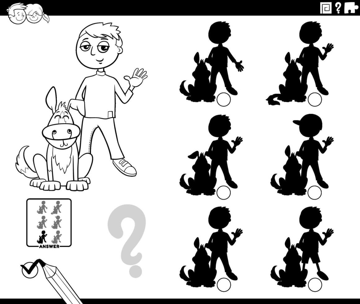 Schatten Aktivität mit Karikatur Junge und seine Hund Färbung Seite vektor