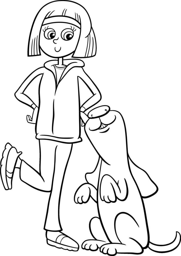Karikatur Teen Mädchen mit komisch Hund Charakter Färbung Seite vektor