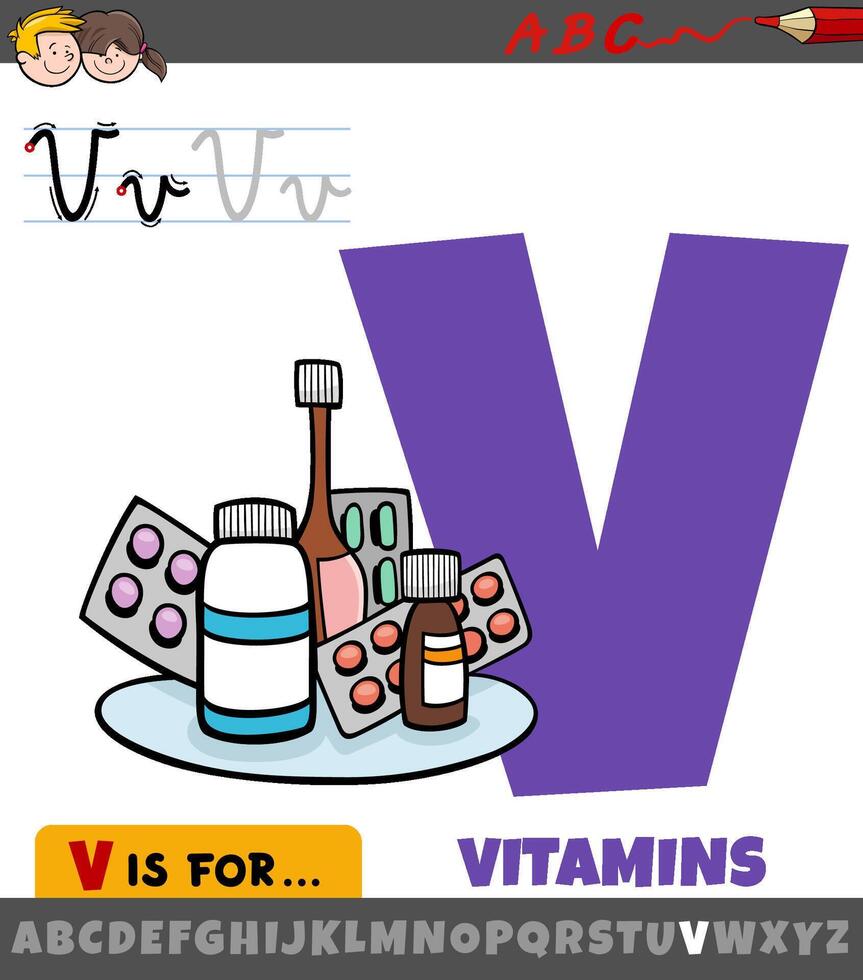 brev v från alfabet med vitaminer diet tillägg vektor