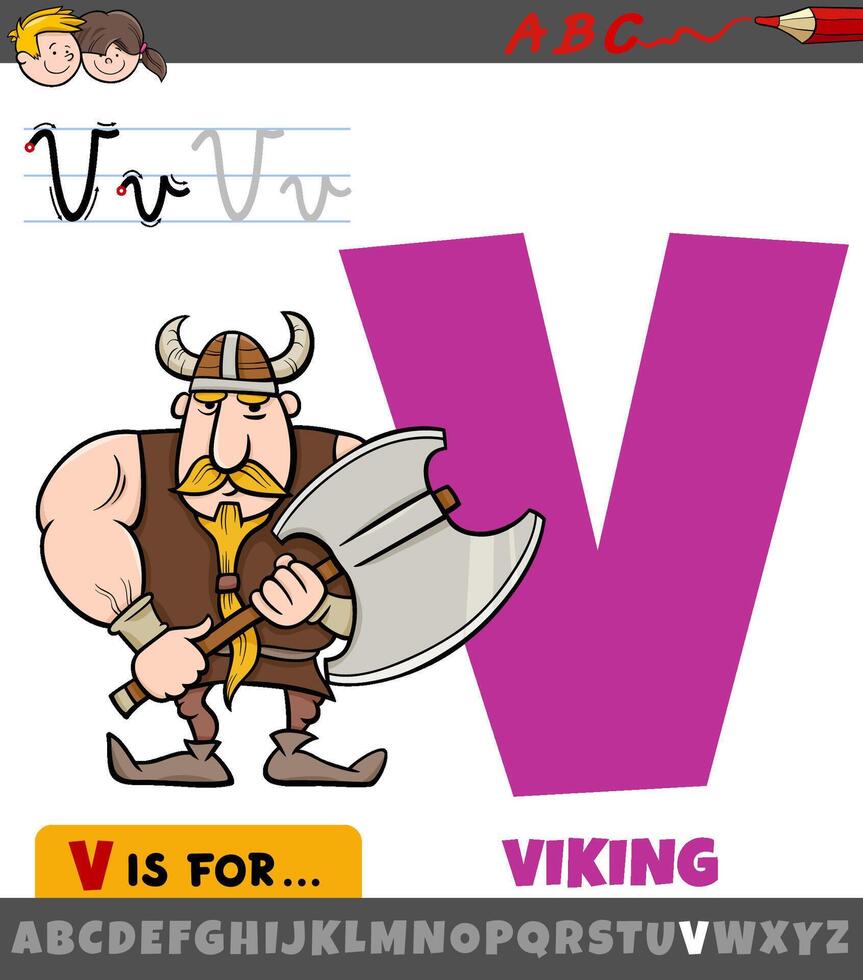 brev v från alfabet med viking karaktär vektor