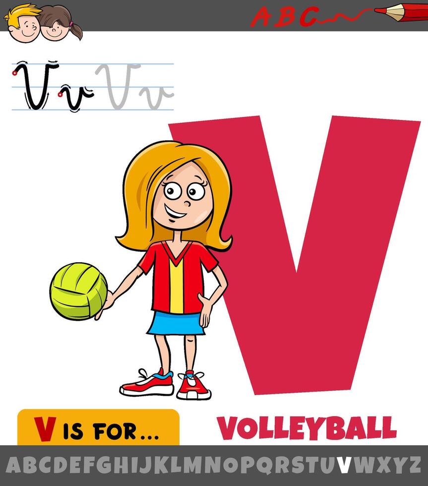 brev v från alfabet med tecknad serie illustration av volleyboll sport vektor