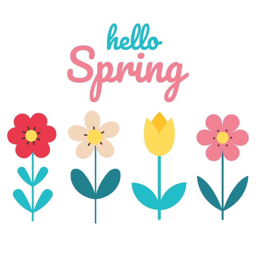Frühling und Sommer- bunt Blumen. das Inschrift Hallo Frühling. Vektor Illustration im eben Stil