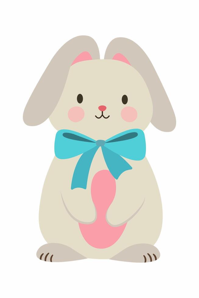 söt platt illustration av kanin. kanin med en blå rosett. påsk kanin. vår illustration. vektor
