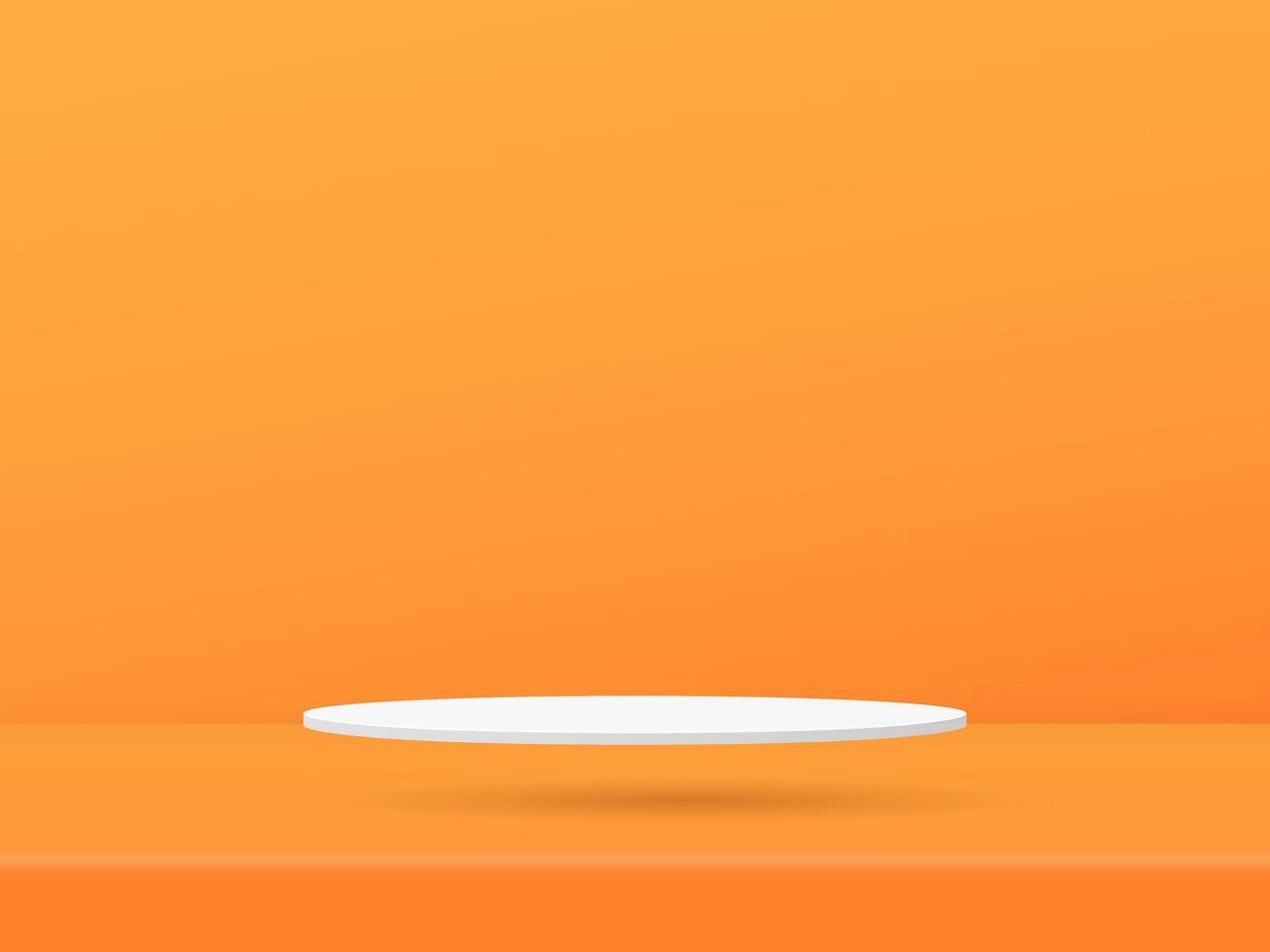 3d Weiß Podium Vitrine ist schwebend auf das Fußboden farbig Orange Hintergrund Design. Vektor Papier Kunst Illustration