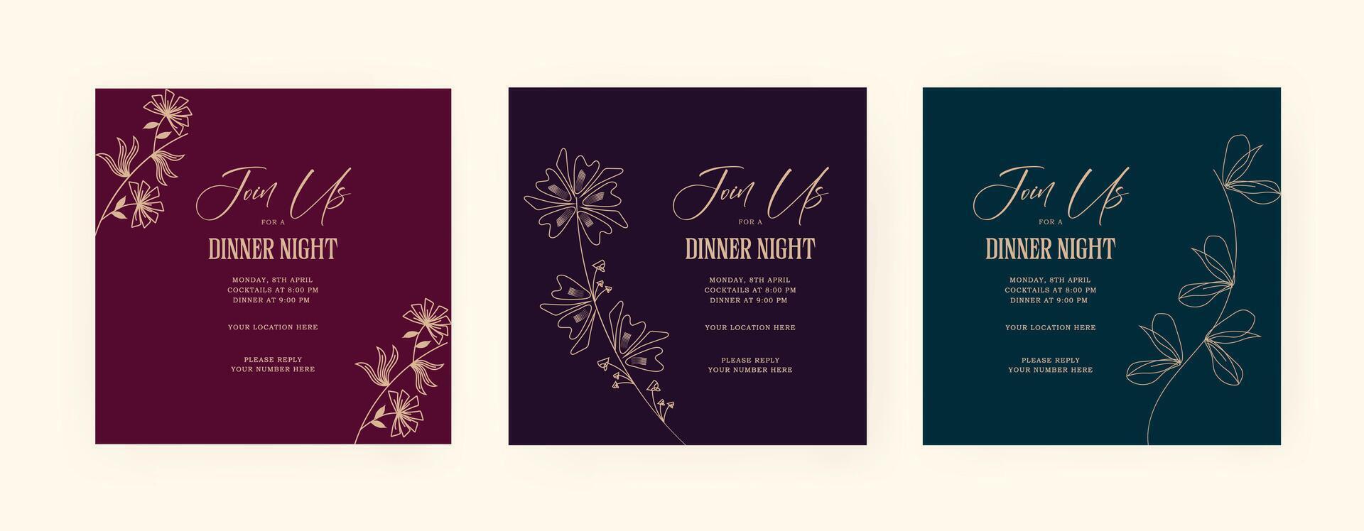 uppsättning av middag inbjudan posta mall med lyx. blommig. guld. eps vektor illustration