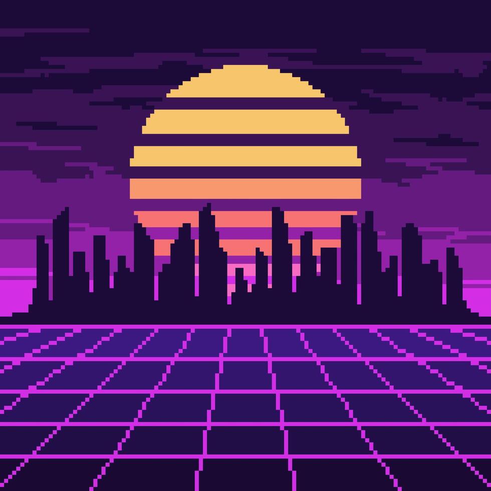 Pixel Synthwave lila Gitter mit dunkel Stadt und Sonne Hintergrund. Neon- Blau Dampfwelle Landschaft mit Gitter Digital Design mit dunkel Wolkenkratzer und gestreift Star im Vektor Himmel