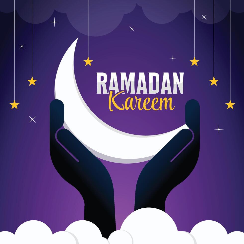 Ramadan Mond im dunkel lila Himmel Hintergrund, Ramadan Mubarak, Ramadan karem, Typografie Vorlage. vektor