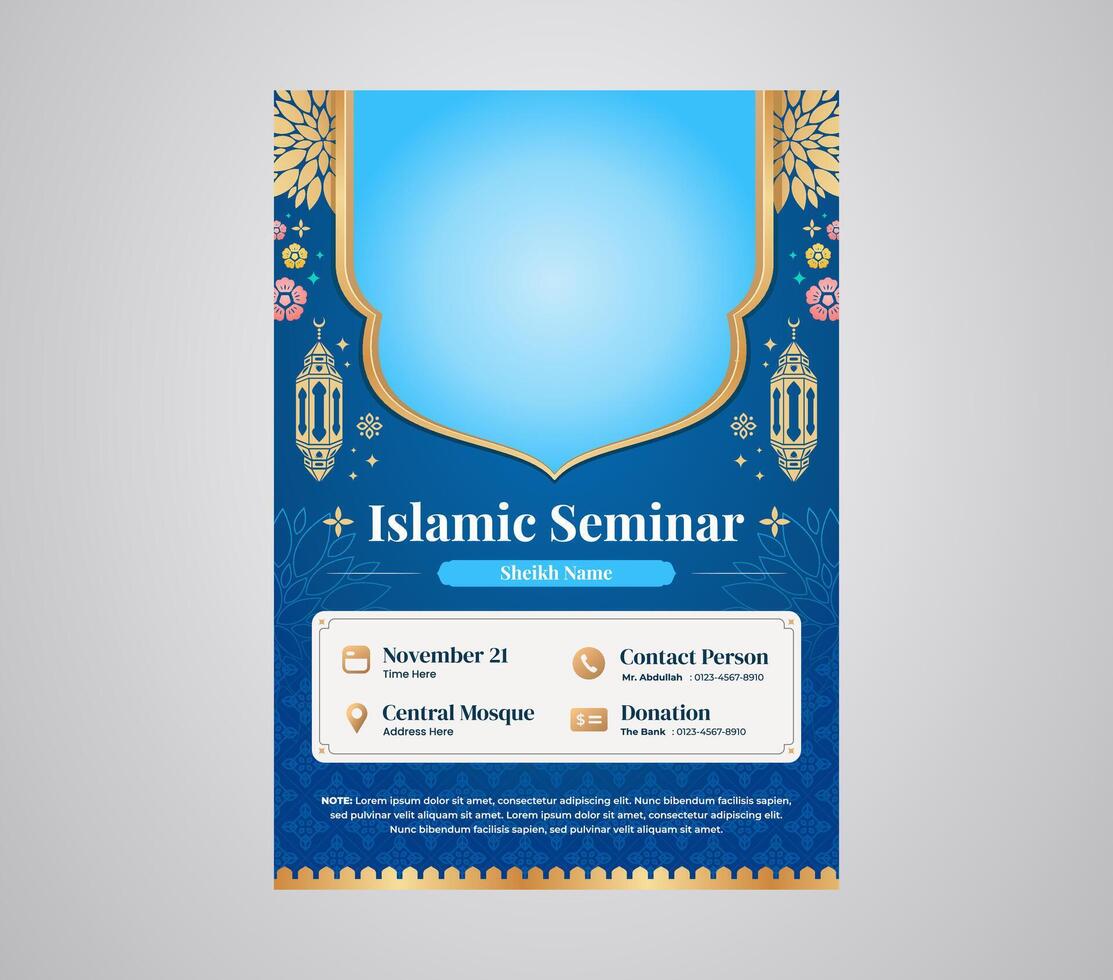 Blau islamisch Seminar und Webinar a4 Poster Flyer Design Vorlage zum islamisch Lehren und Vorträge vektor