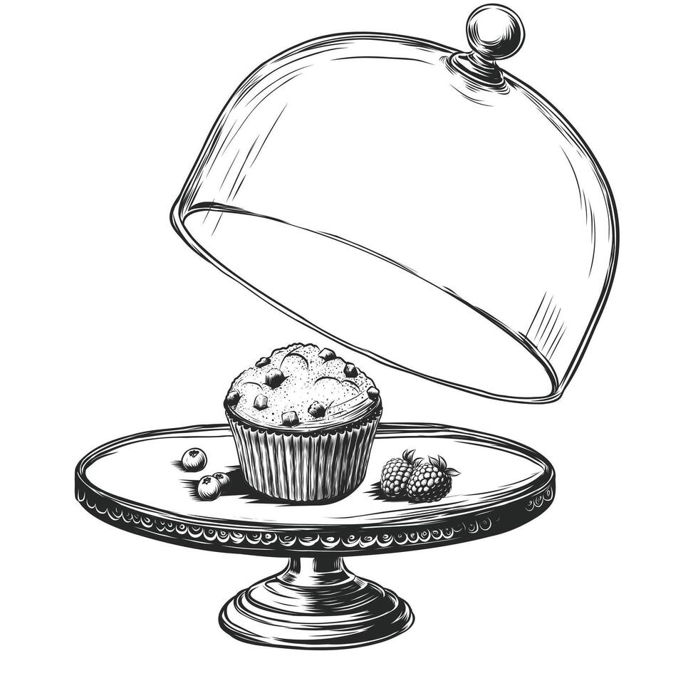 Cupcake auf Stand mit Glas Abdeckung. Vektor Illustration isoliert auf Weiß. Gravur von Muffin unter Glas Deckel. Dessert Süßwaren Produkt Bäckerei oder Gebäck Essen behandeln Mahlzeit