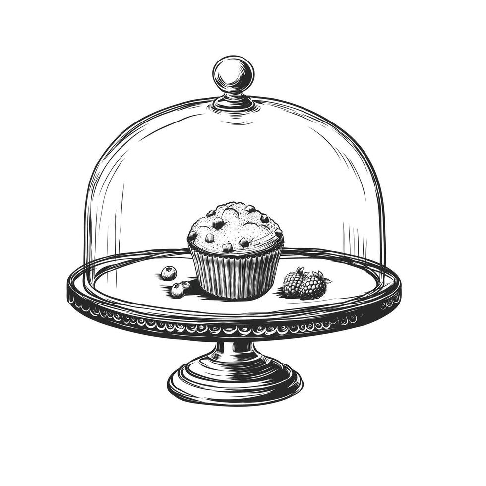 kakor eller muffin på tjänande tallrik med glas cloche. skiss vektor illustration isolerat på vit bakgrund. skön bakad bakverk med hallon och choklad. årgång muffin under glas lock