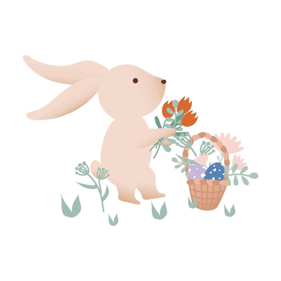 Urlaub Illustration. Ostern Hase mit Strauß von Blumen und Korb mit Eier. Illustration im retro Stil. Hand gezeichnet. vektor