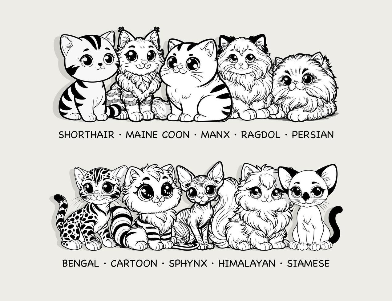 förtjusande tecknad serie katt raser samling i svart och vit för färg bok, perfekt för sällskapsdjur älskande mönster, vektor illustration.
