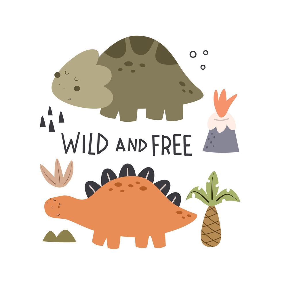 wild und frei. Karikatur Dinosaurier, Hand Zeichnung Beschriftung. bunt Vektor Illustration zum Kinder, eben Stil. Baby Design zum Karten, drucken, Poster, Logo, Startseite