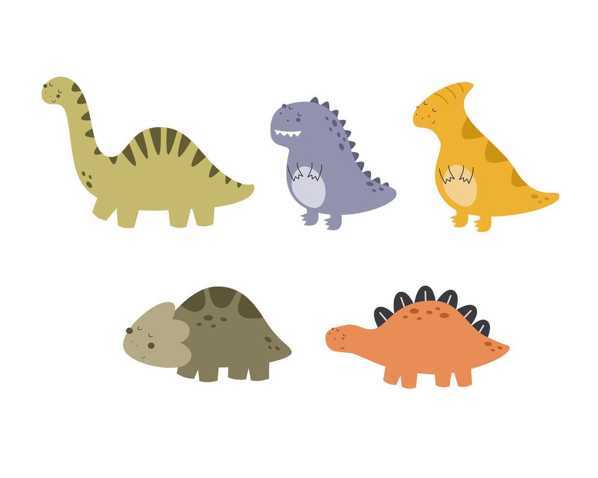 söt dinosaurier uppsättning. färgrik vektor illustration för ungar, platt stil. bebis design för kort, skriva ut, affischer, logotyp, omslag