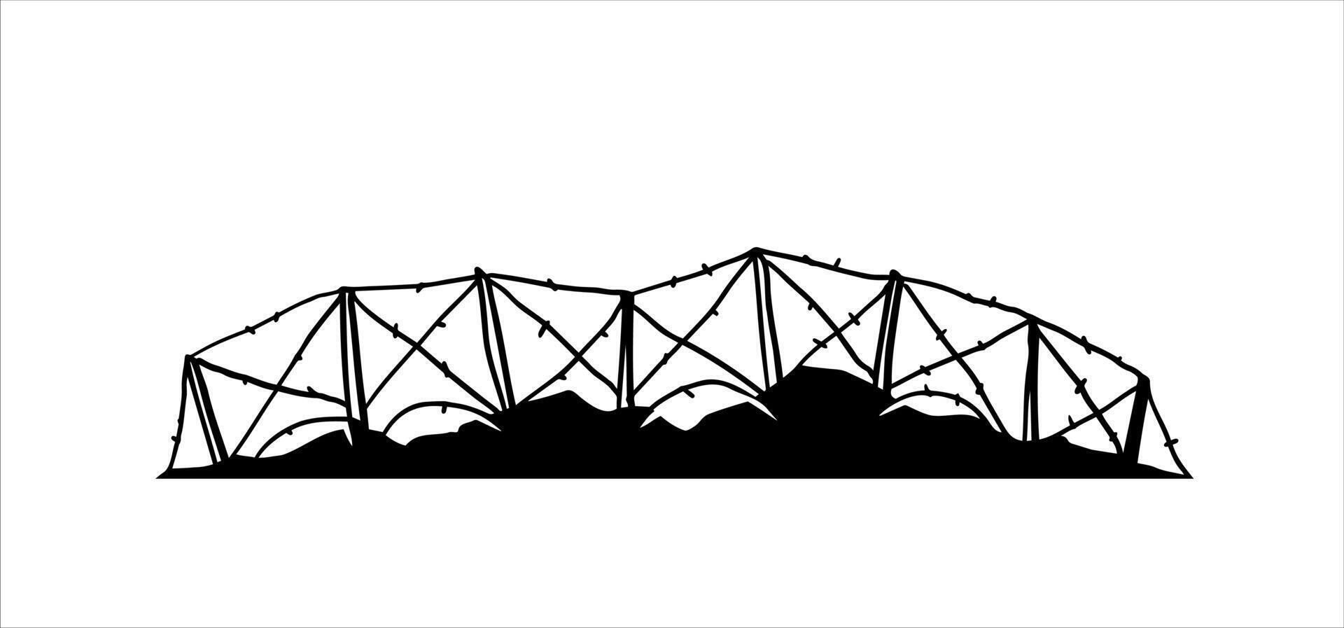 mit Widerhaken Kabel. Silhouette von Militär- Barrikaden. Defensive Befestigungen. Landschaft von modern Militär- Konflikt. schwarz Illustration isoliert auf Weiß vektor