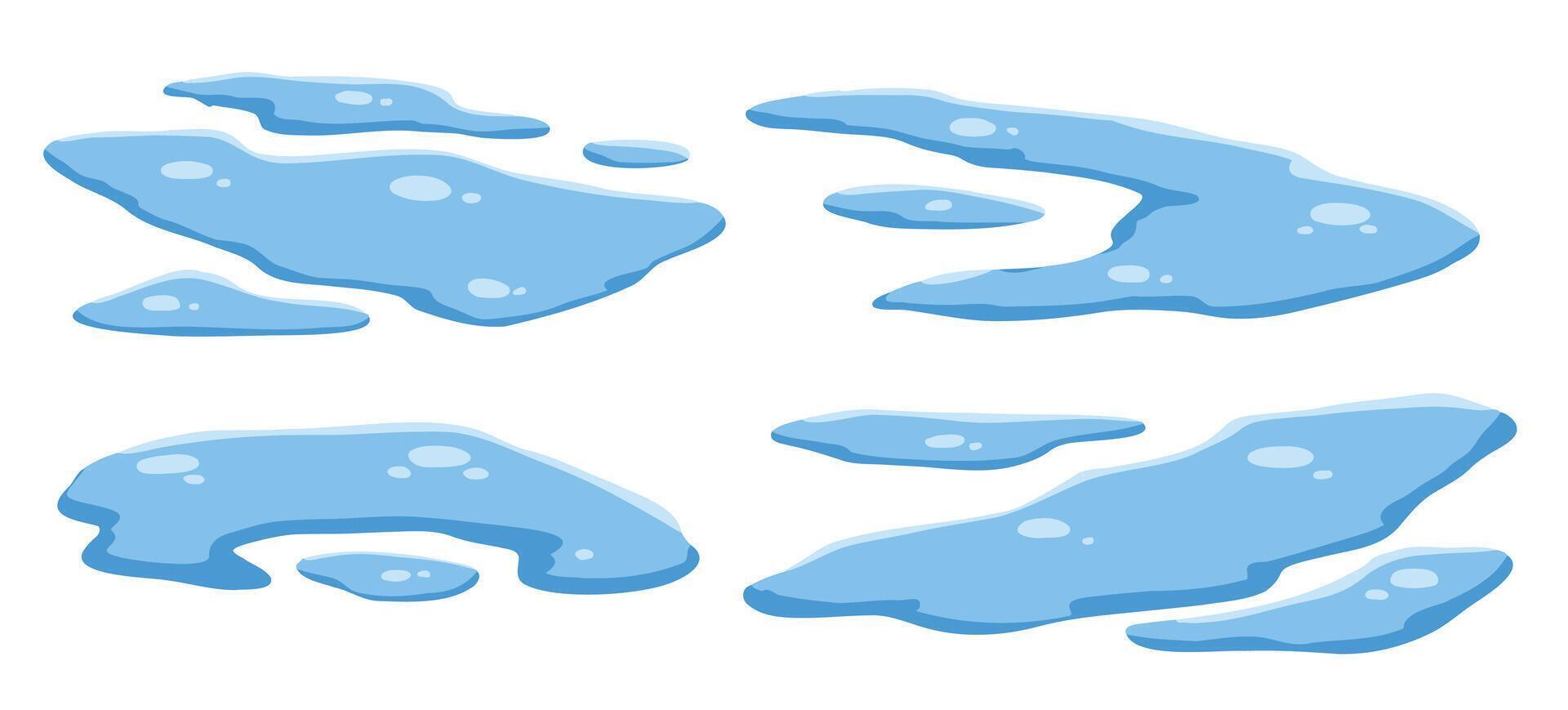 pöl av vatten. platt tecknad serie uppsättning isolerat på vit bakgrund. läcka och blå släppa. våt blå stänka ner. tecknad serie regndroppe, ikon av damm eller sjö vektor