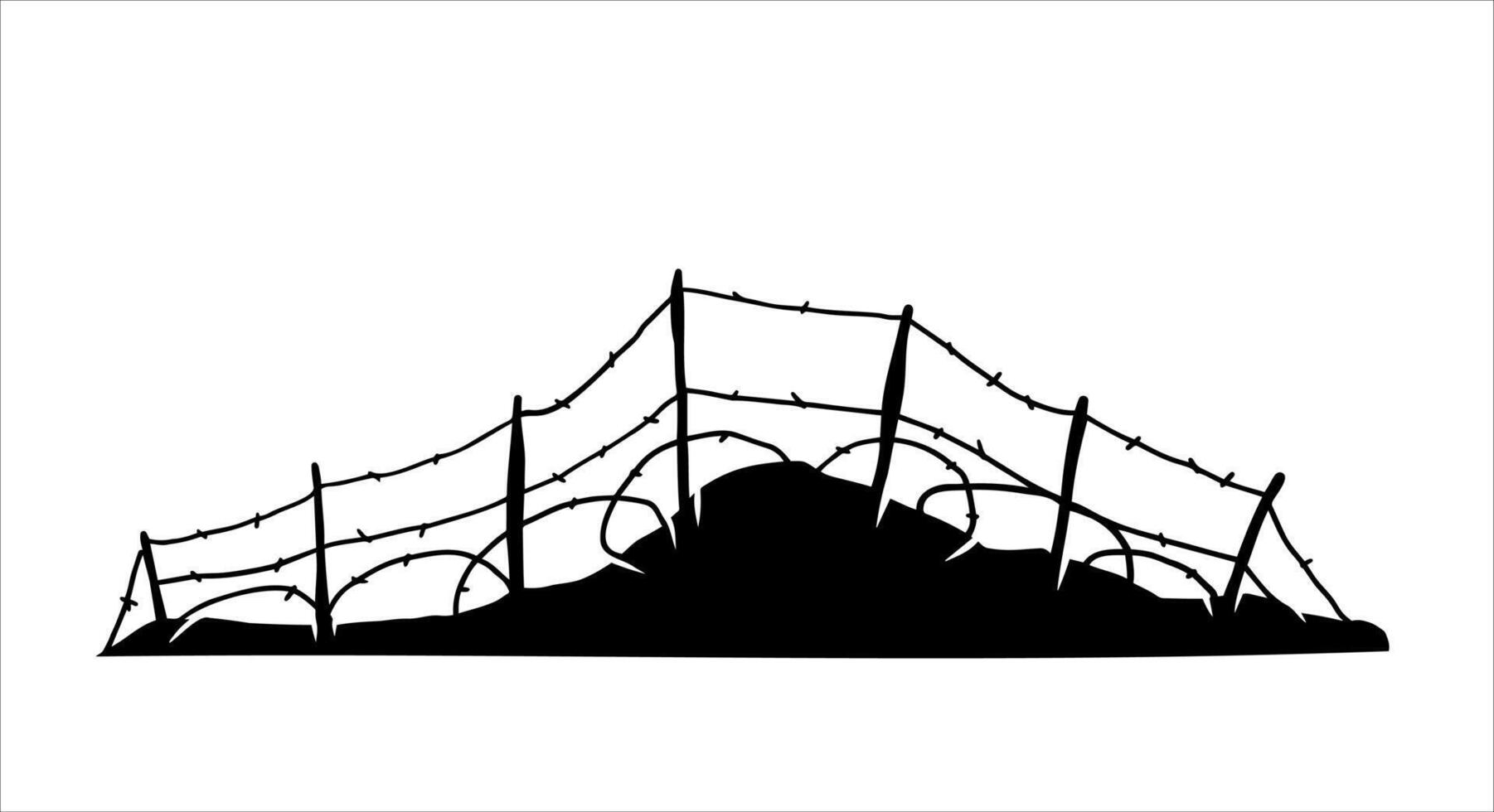 mit Widerhaken Kabel. Silhouette von Militär- Barrikaden. Defensive Befestigungen. Landschaft von modern Militär- Konflikt. schwarz Illustration isoliert auf Weiß vektor