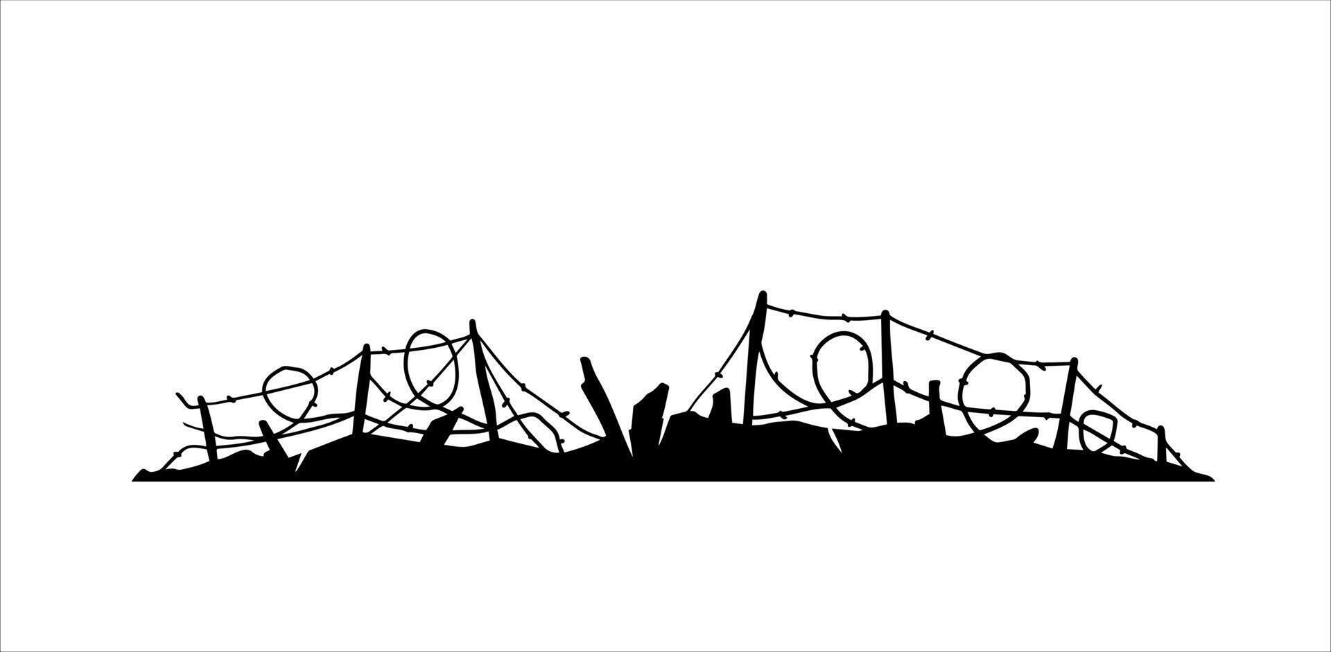 mit Widerhaken Kabel. Silhouette von Militär- Barrikaden. Defensive Befestigungen. Landschaft von modern Militär- Konflikt. schwarz Illustration isoliert auf Weiß vektor