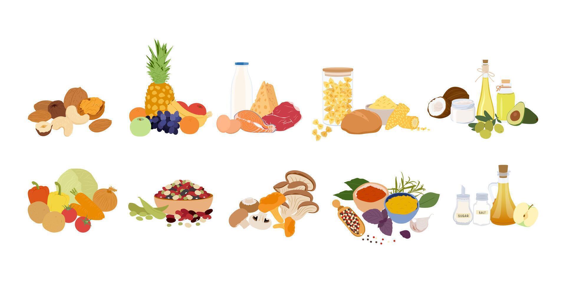 Essen Kategorie Satz. Gemüse, Früchte, Tiere, Pilze, Gewürze, Öle, Nüsse. natürlich organisch Ernährung. frisch Vitamin Lebensmittelgeschäft Produkte. farbig eben Vektor Illustration isoliert auf Weiß Hintergrund