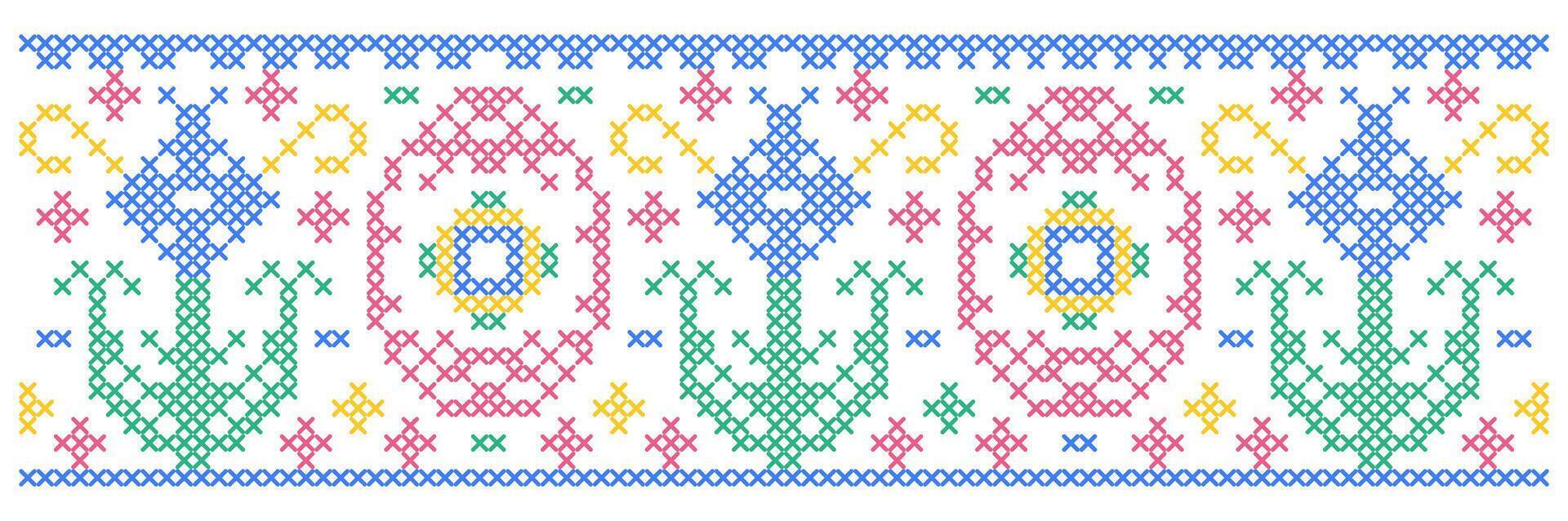 Ostern Muster mit Blumen und Ostern Eier im Kreuz Stich Stil auf Weiß Hintergrund. vektor