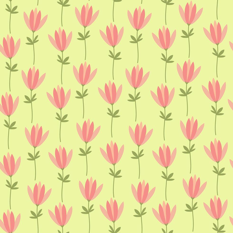 bunt und hell Frühling Tulpen nahtlos Muster. Rosa Blumen auf Gelb Hintergrund. Blumen- Frühling vektor