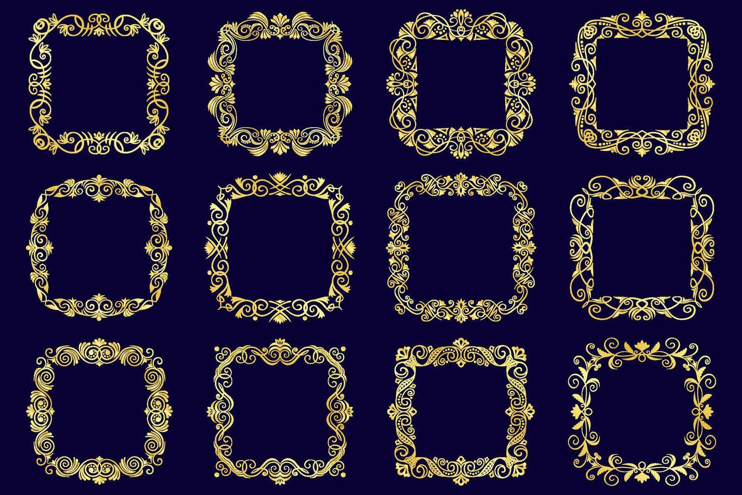 abstrakt golden Jahrgang Frames Satz. Sammlung von leuchtenden elegant und Luxus golden Grenzen. vektor