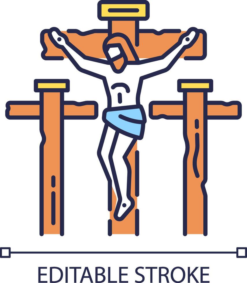 Kreuzigung von Jesus rgb Farbe Symbol. Jesus Christus Sterben auf Kreuz. gut Freitag. Symbol von Glaube. Christian Religion. isoliert Vektor Illustration. einfach gefüllt Linie Zeichnung. editierbar Schlaganfall