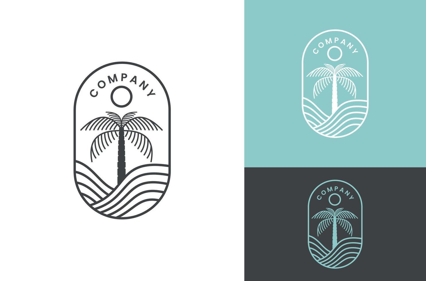 handflatan träd ö linje logotyp med solnedgång illustration design, Vinka emblem design på vit, blå och svart bakgrund vektor