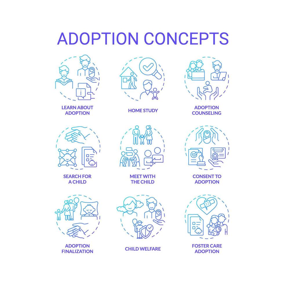 adoption blå lutning begrepp ikoner. Rättslig bearbeta steg. passande föräldrar. på vilket sätt till anta barn. föräldrar rätt överföra. ikon packa. vektor bilder. runda form illustrationer. abstrakt aning