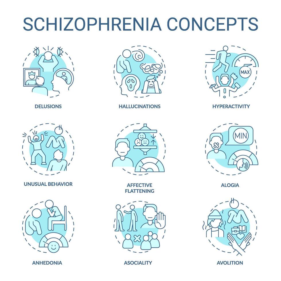 Schizophrenie Störung Sanft Blau Konzept Symbole. Symbol Pack. Vektor Bilder. runden gestalten Abbildungen zum Infografik, Präsentation, Broschüre, Broschüre, Werbung Material, Artikel. abstrakt Idee