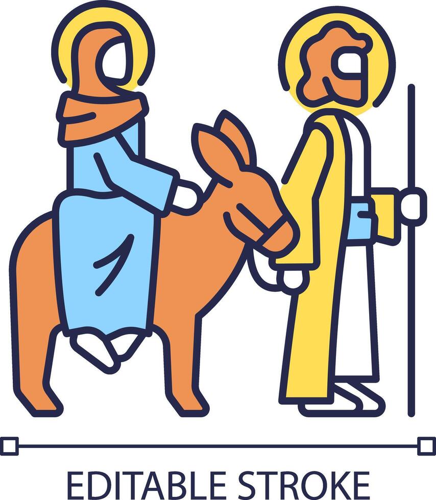 resa till betlehem rgb Färg ikon. mary och joseph. biblisk scen. jungfrulig Mary, mor av Jesus. ny testamente. isolerat vektor illustration. enkel fylld linje teckning. redigerbar stroke